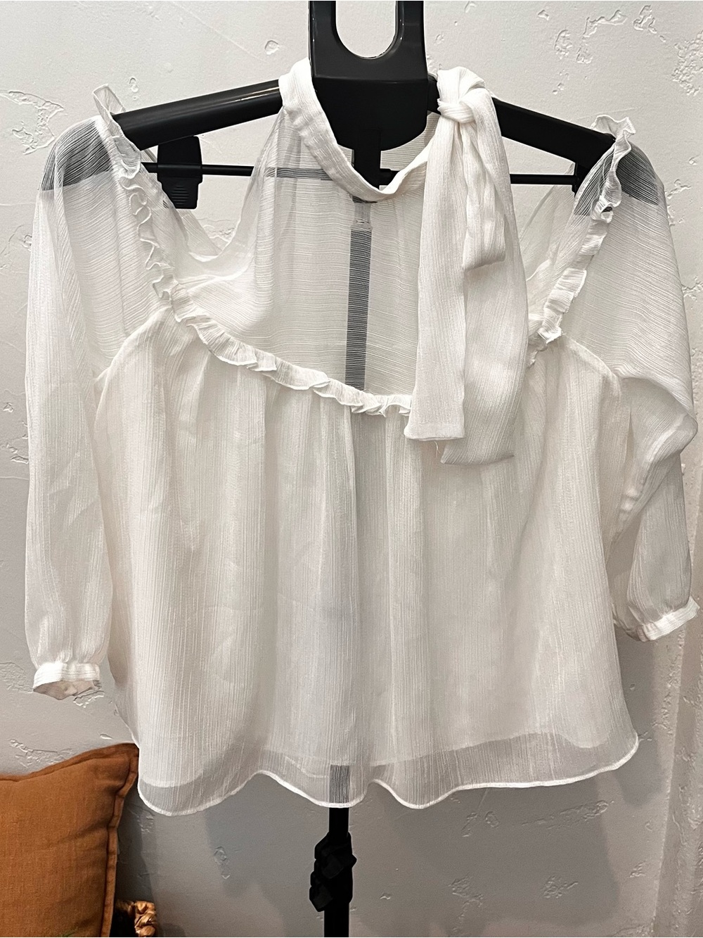 Zara Women's Cream sheer Ruffle halter Tie-Neck cold shoulder Blouse